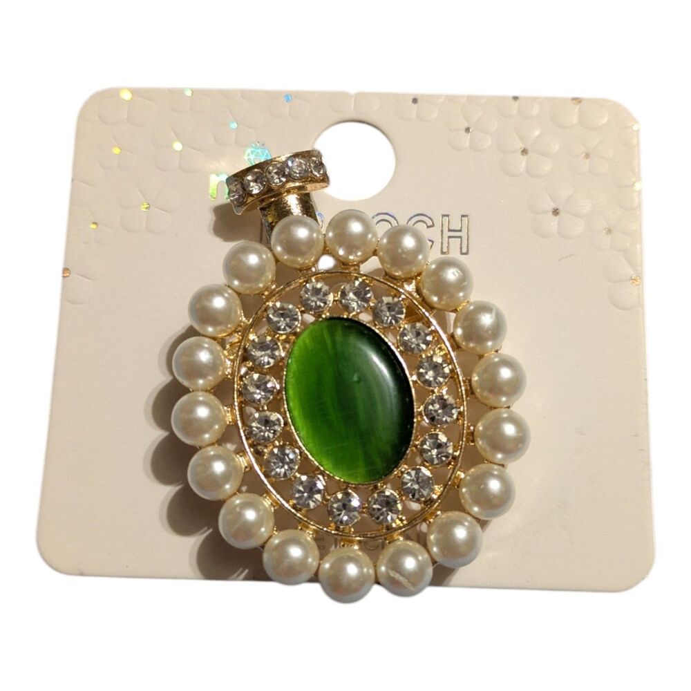 Green Stone & Pearl Style Brooch Gold Tone Rhinestone Accent Pin